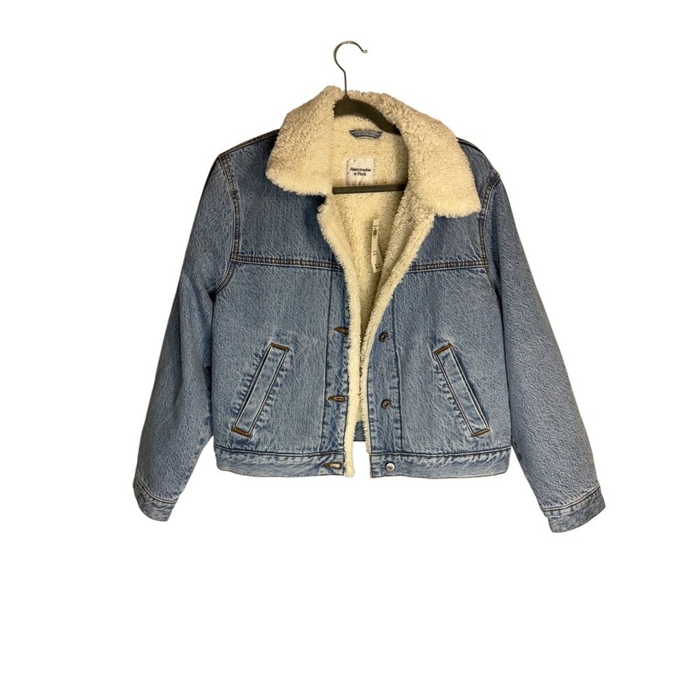 NWT Abercrombie & Fitch Sherpa Lined Button Down Blue Jean Jacket-sz Large - Picture 2 of 8